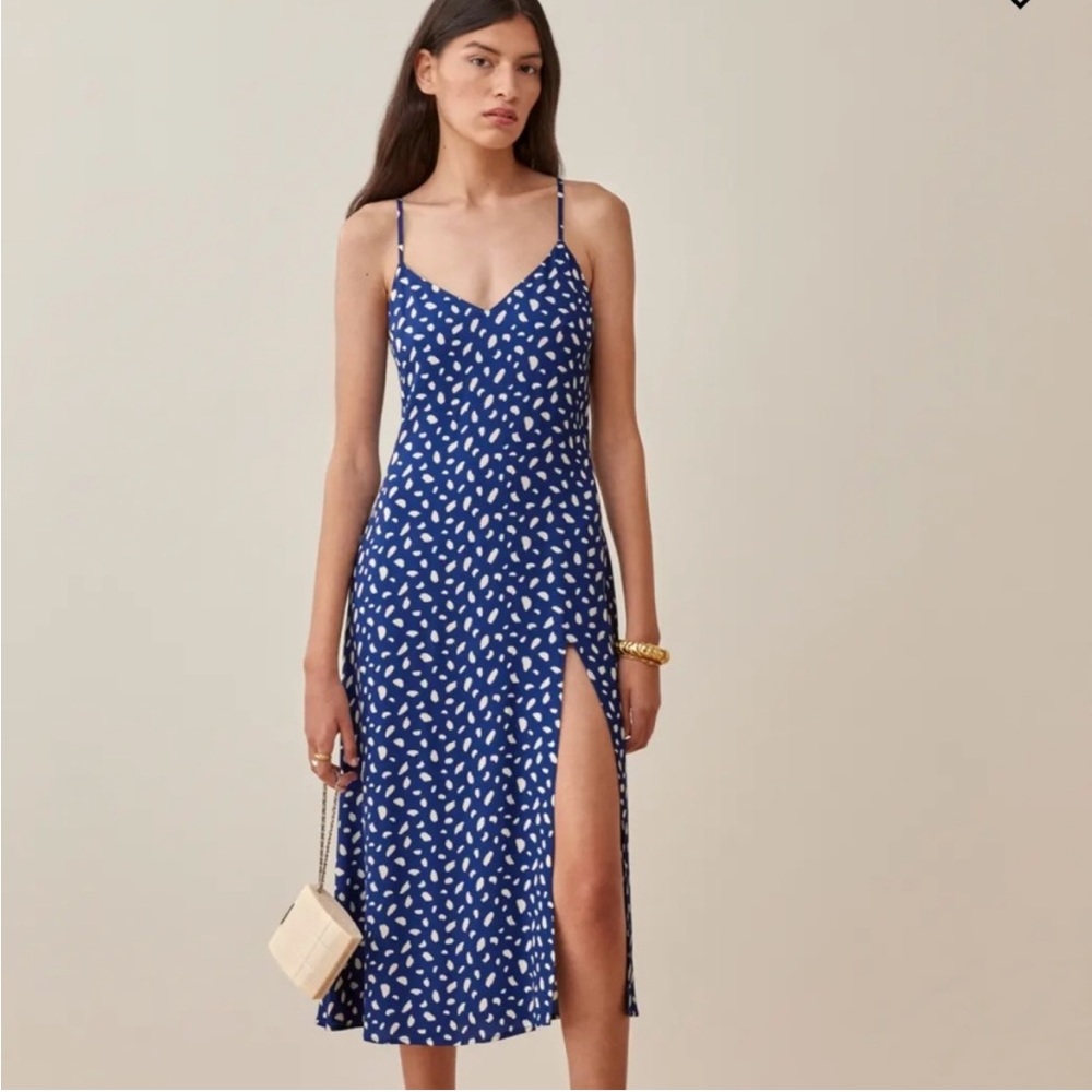 Reformation Blue and White Midi Slip Dress with Side Slit
